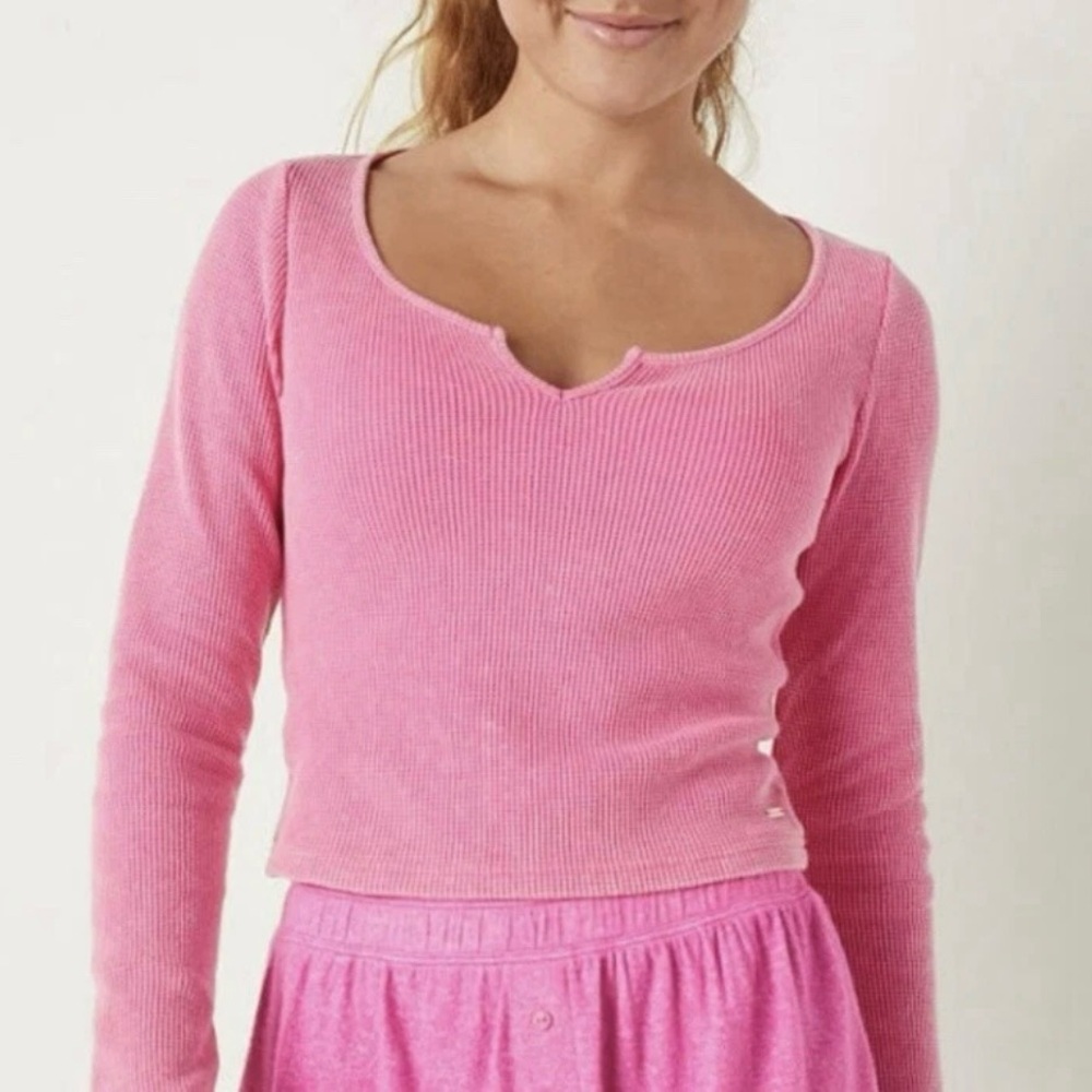 PINK Waffle Knit Top Casual Lounge Pajama PJs Winter Minimal Feminine Comfy